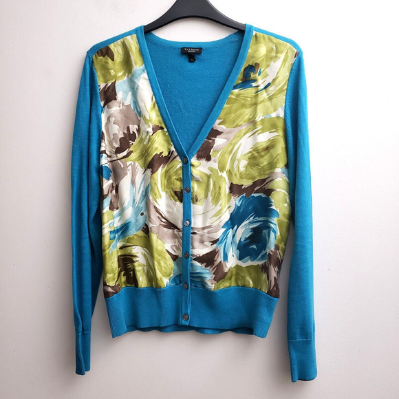 Talbots Cardigan Sweater Size Small Blue Green Floral Silk Cotton V Neck - Picture 1 of 4